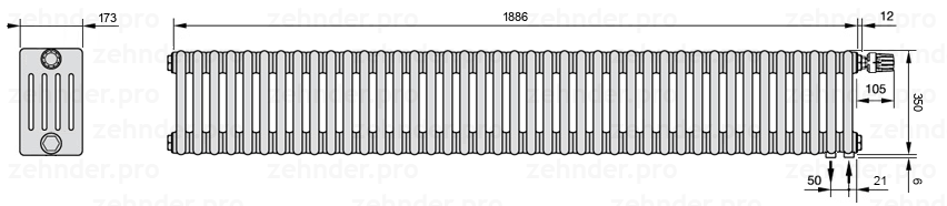Схема (чертеж) Радиатор Zehnder Charleston 5035/41 №V002 Белый глянцевый RAL 9016